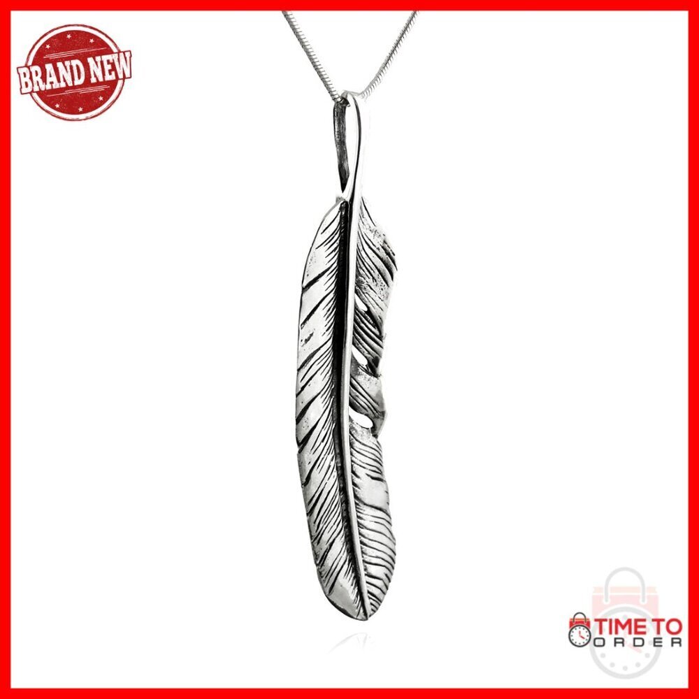 Sterling Silver Feather Pendant Necklace with 18 Inch Snake Chain